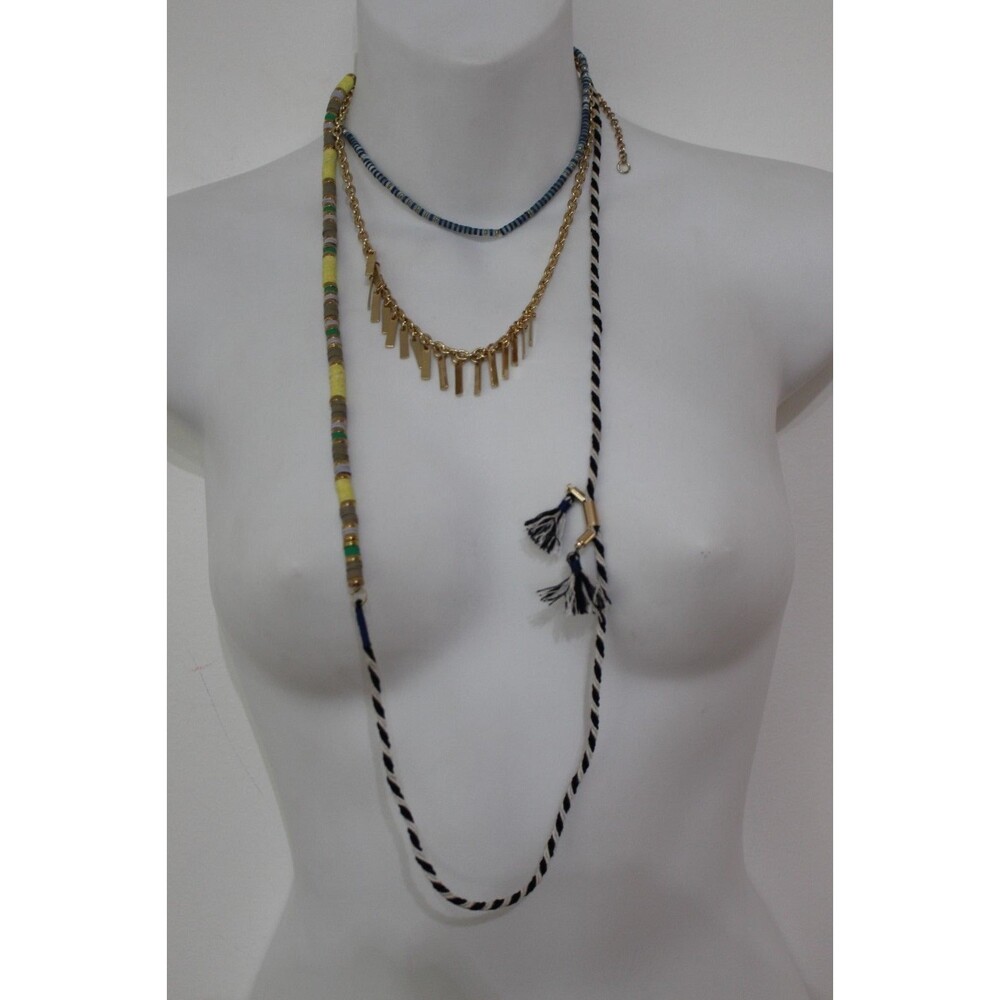 Lee by Lee Angel Blue White Yellow rope Bead Three Strand Layer Necklace NWT $78